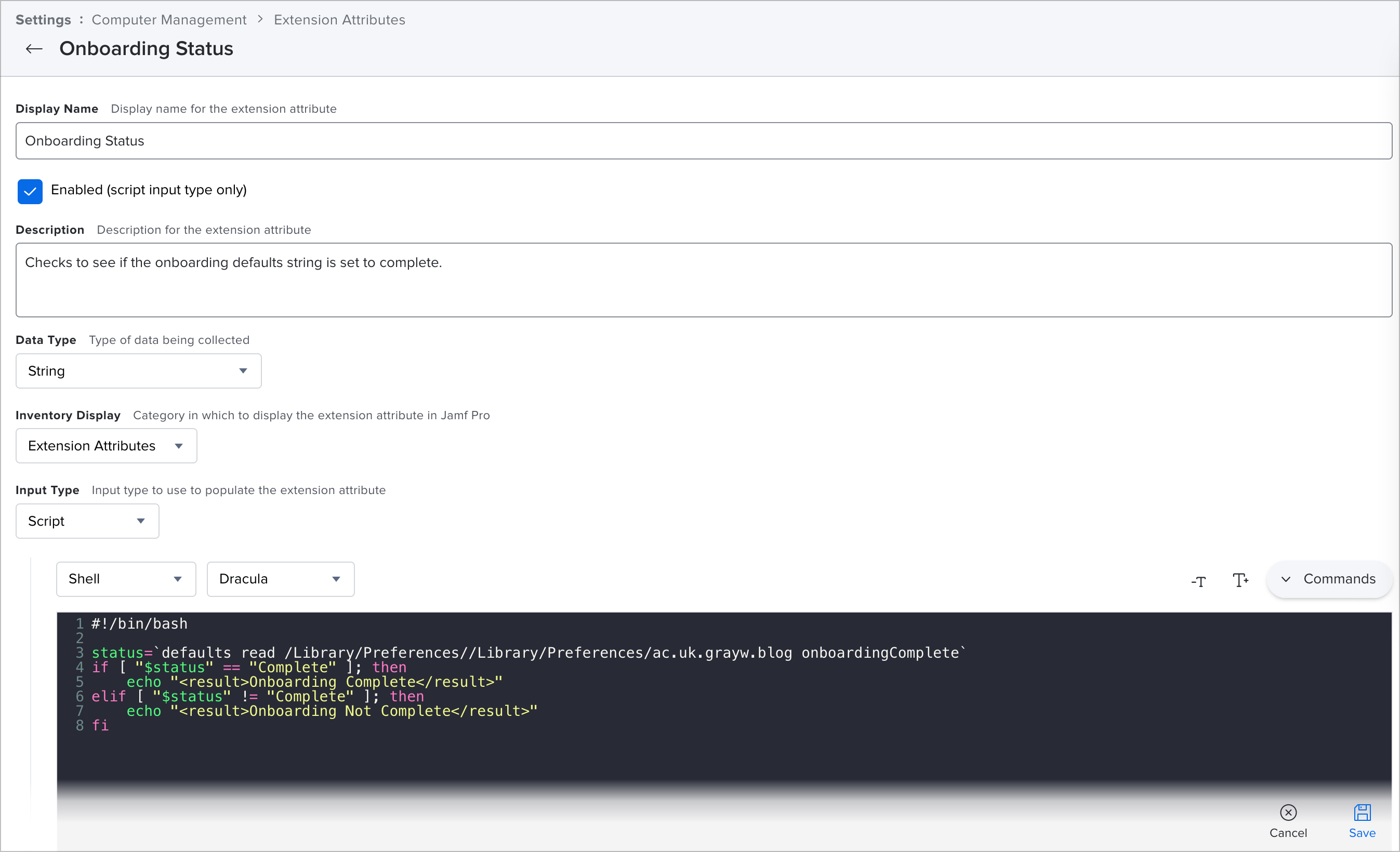 A screenshot of the Jamf Pro Extension Attribute screen showing the settings from above.