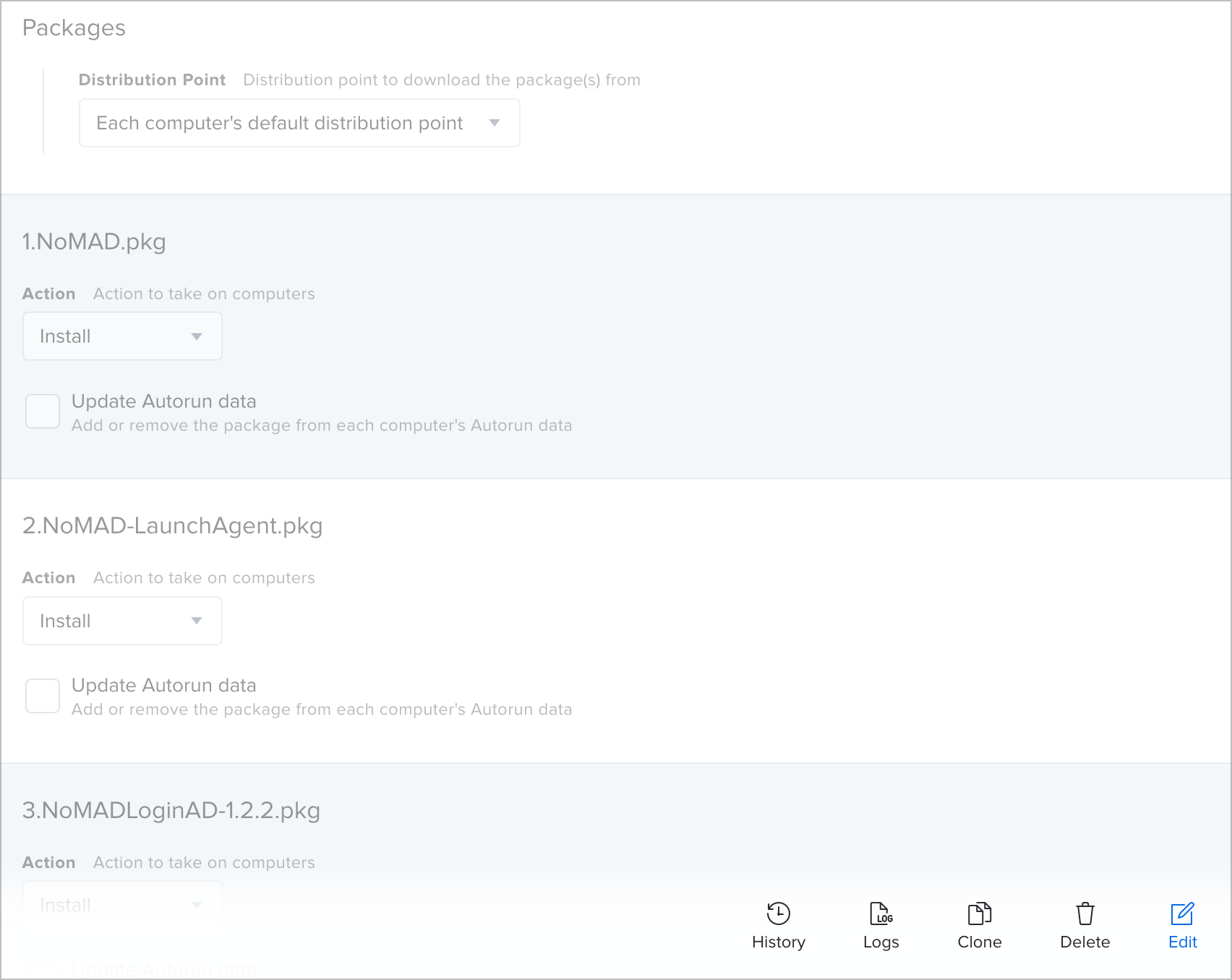 Screenshot of the policy packages screen showing the NoMAD packages in the specific order from 1 - 3.