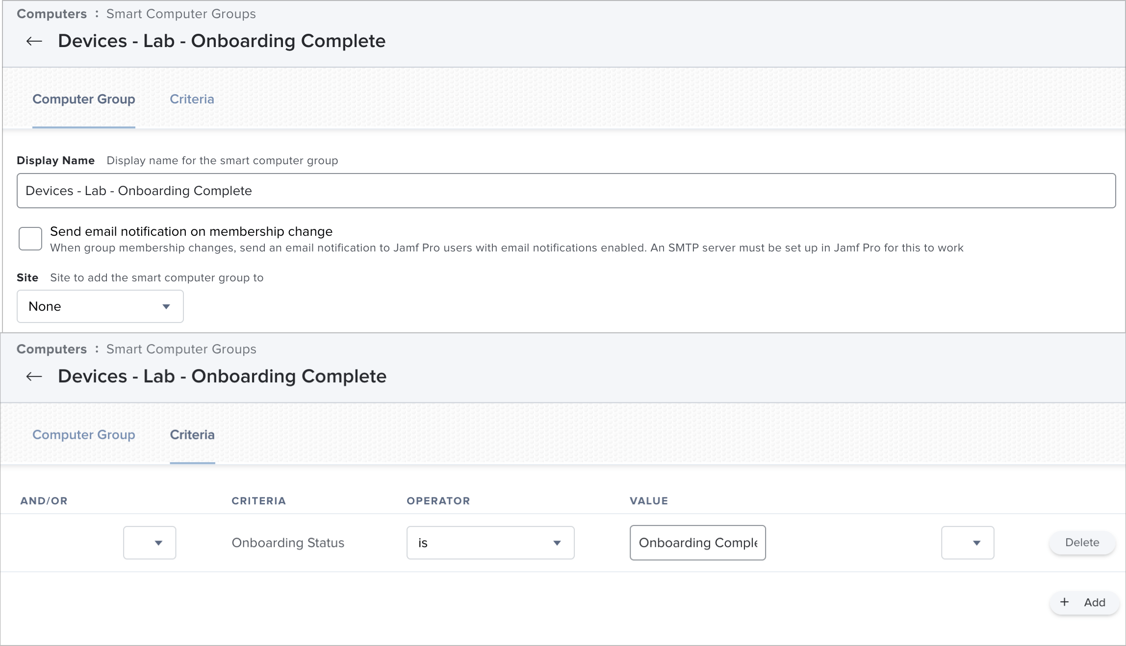 A screenshot of the Jamf Pro Smart Group creation screens showing the above settings